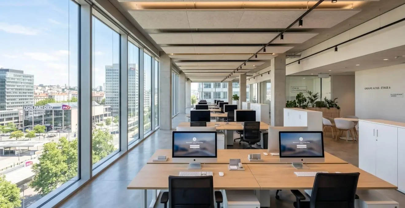 Vue grand angle d'un open-space contemporain vide et lumineux avec grandes fenêtres et postes de travail équipés d'ordinateurs