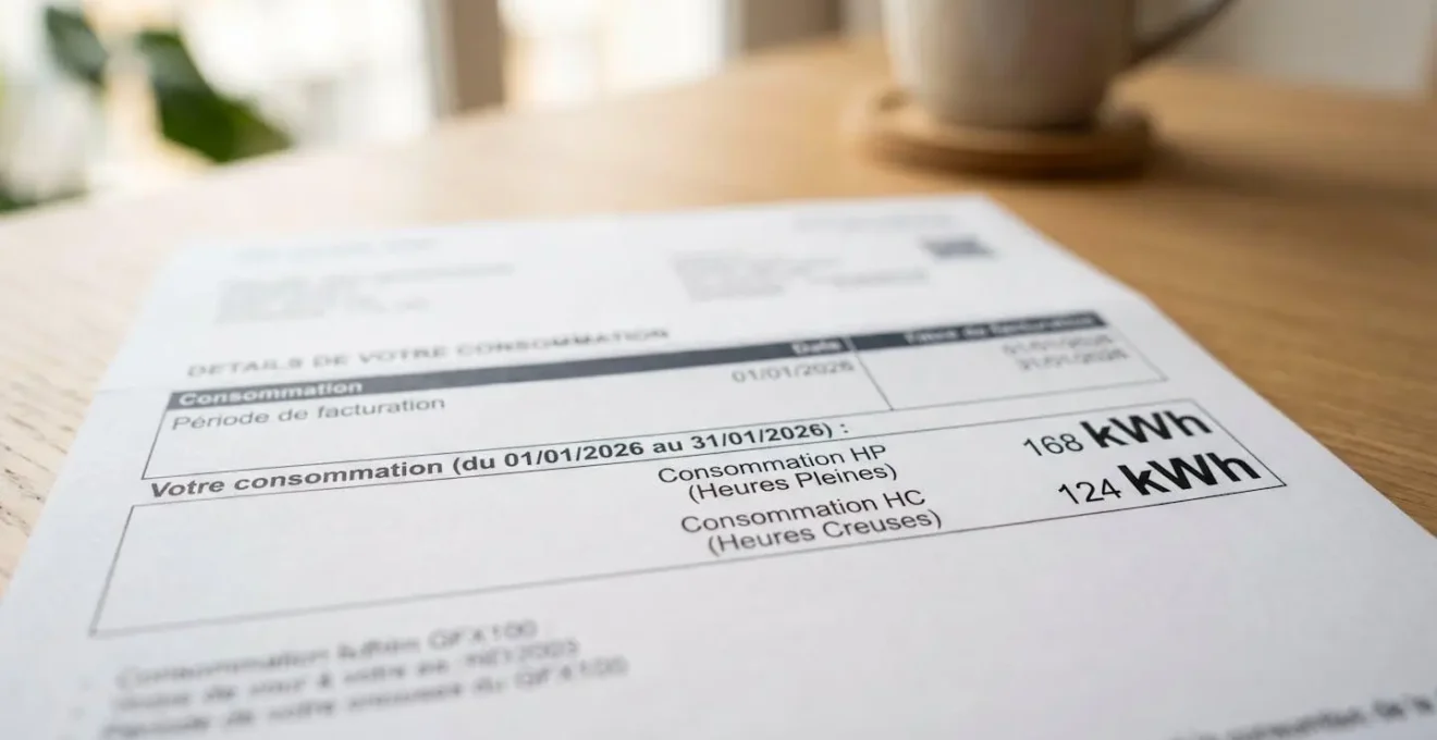 Gros plan sur une facture d'énergie professionnelle posée sur un bureau, avec mise au point sur les lignes de consommation en kilowattheures