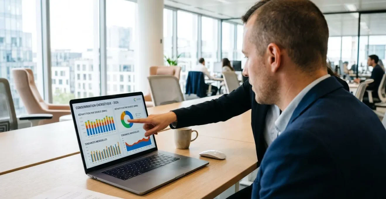 Deux professionnels en réunion de travail dans un bureau lumineux, l'un pointant des graphiques de données sur un écran d'ordinateur portable