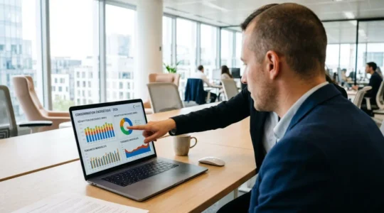 Deux professionnels en réunion de travail dans un bureau lumineux, l'un pointant des graphiques de données sur un écran d'ordinateur portable