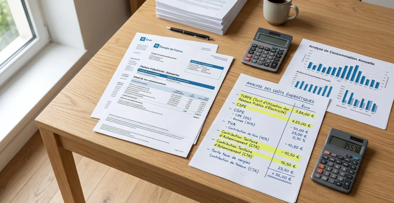 Facture d'électricité professionnelle étalée sur un bureau avec calculatrice et tableau d'analyse des différents postes de coûts