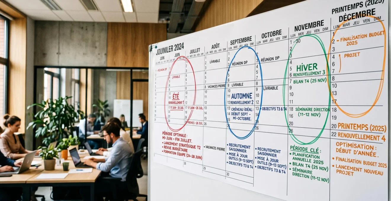 Planning mural avec marquages colorés indiquant les quatre fenêtres strategiques de renouvellement de contrats énergétiques durant l'année