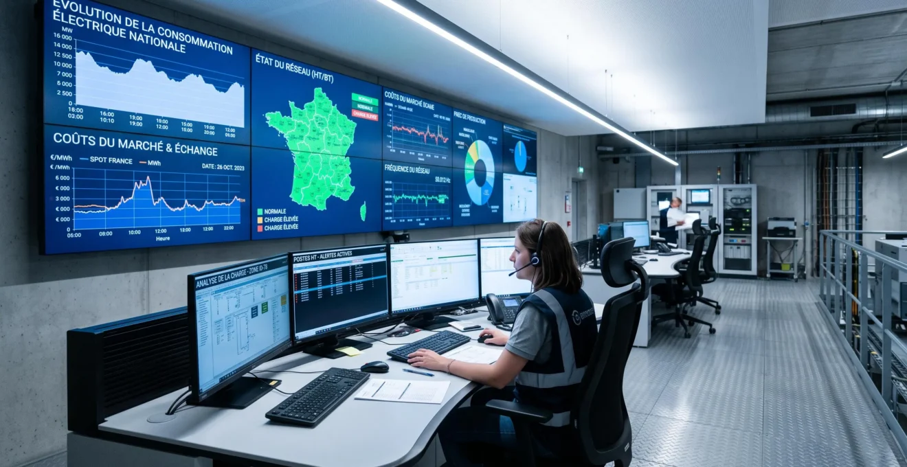 Technicien dans une salle de contrôle moderne analysant sur plusieurs écrans les données de consommation énergétique et l'évolution des prix du marché