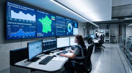 Technicien dans une salle de contrôle moderne analysant sur plusieurs écrans les données de consommation énergétique et l'évolution des prix du marché